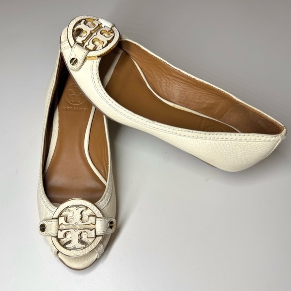 Tory Burch Women’s Leticia Peep Toe Low Wedge Shoes Ivory Gold Size- 6 M - Picture 6 of 9